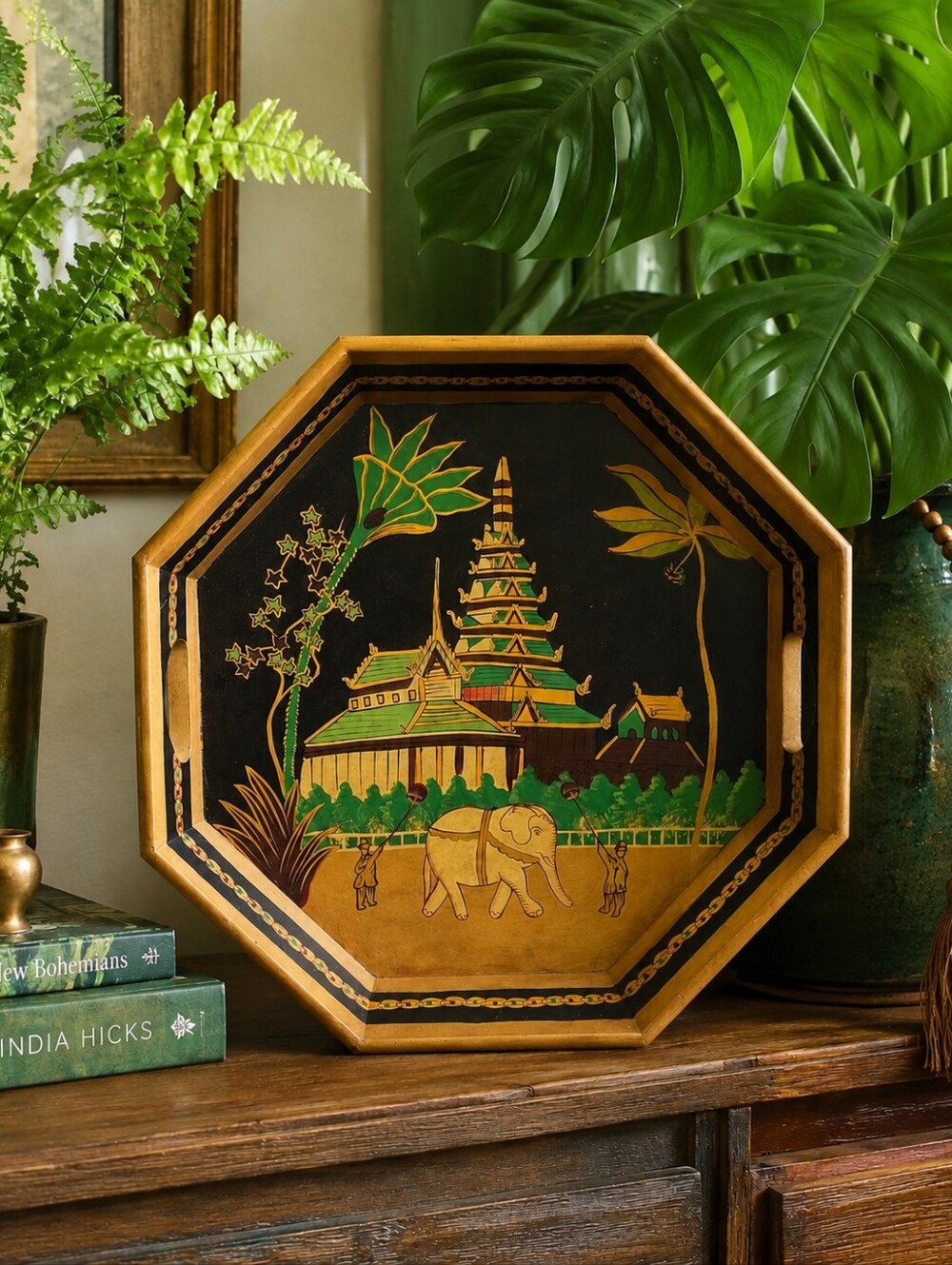 Large Vintage Burmese Lacquerware Tray | Octagonal Elephant Temple Serving Tray